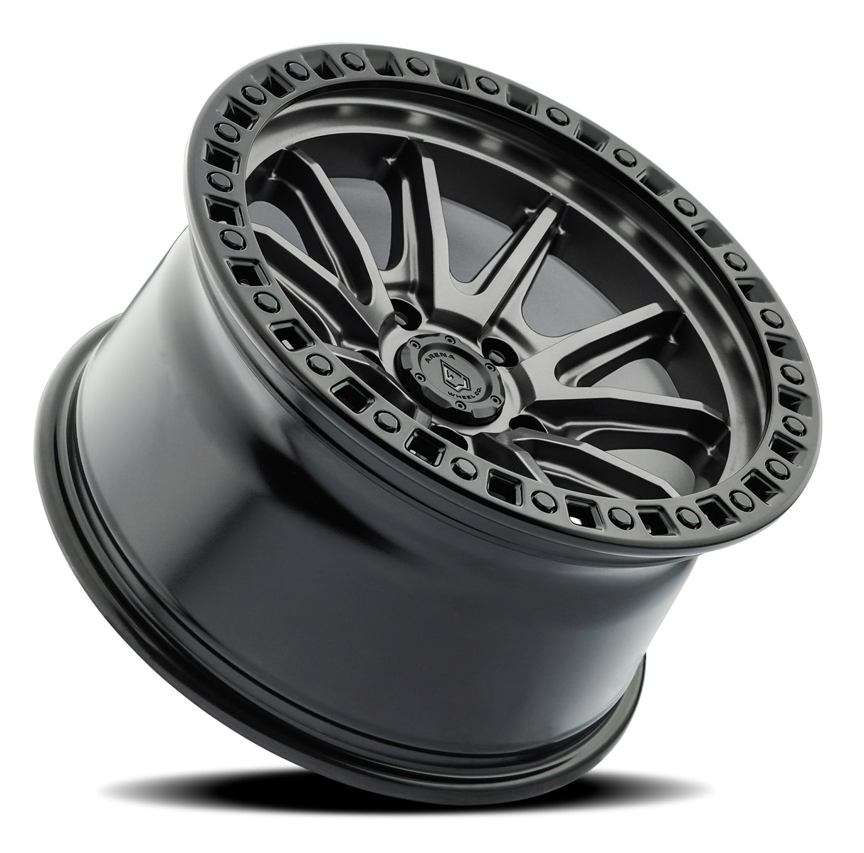 Jeep wheel rim with metallic finish on a white background