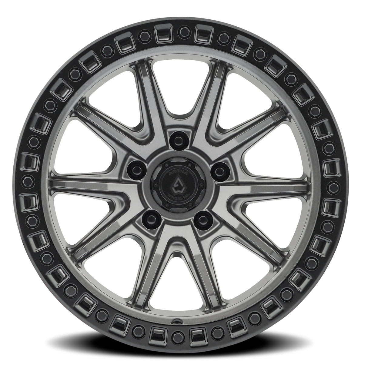 Jeep wheel rim with metallic finish on a white background