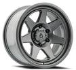 Gray alloy wheel with a visible brand logo on a white background