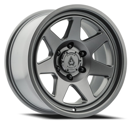 Gray alloy wheel with a visible brand logo on a white background