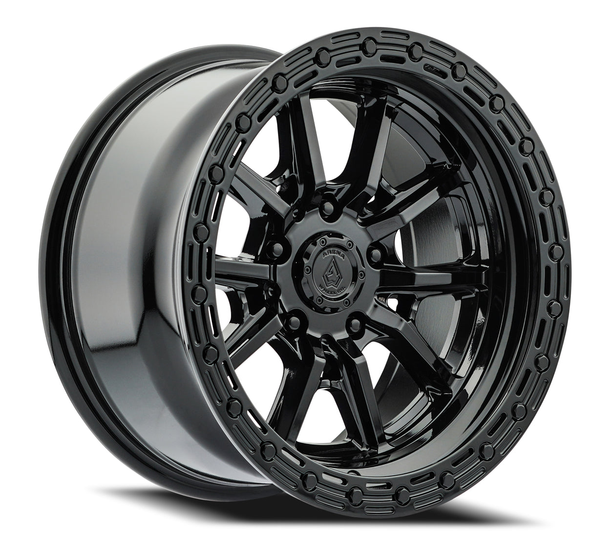 Black alloy wheel with a detailed rim design on a white background