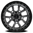 Black alloy wheel with a visible brand logo on a white background