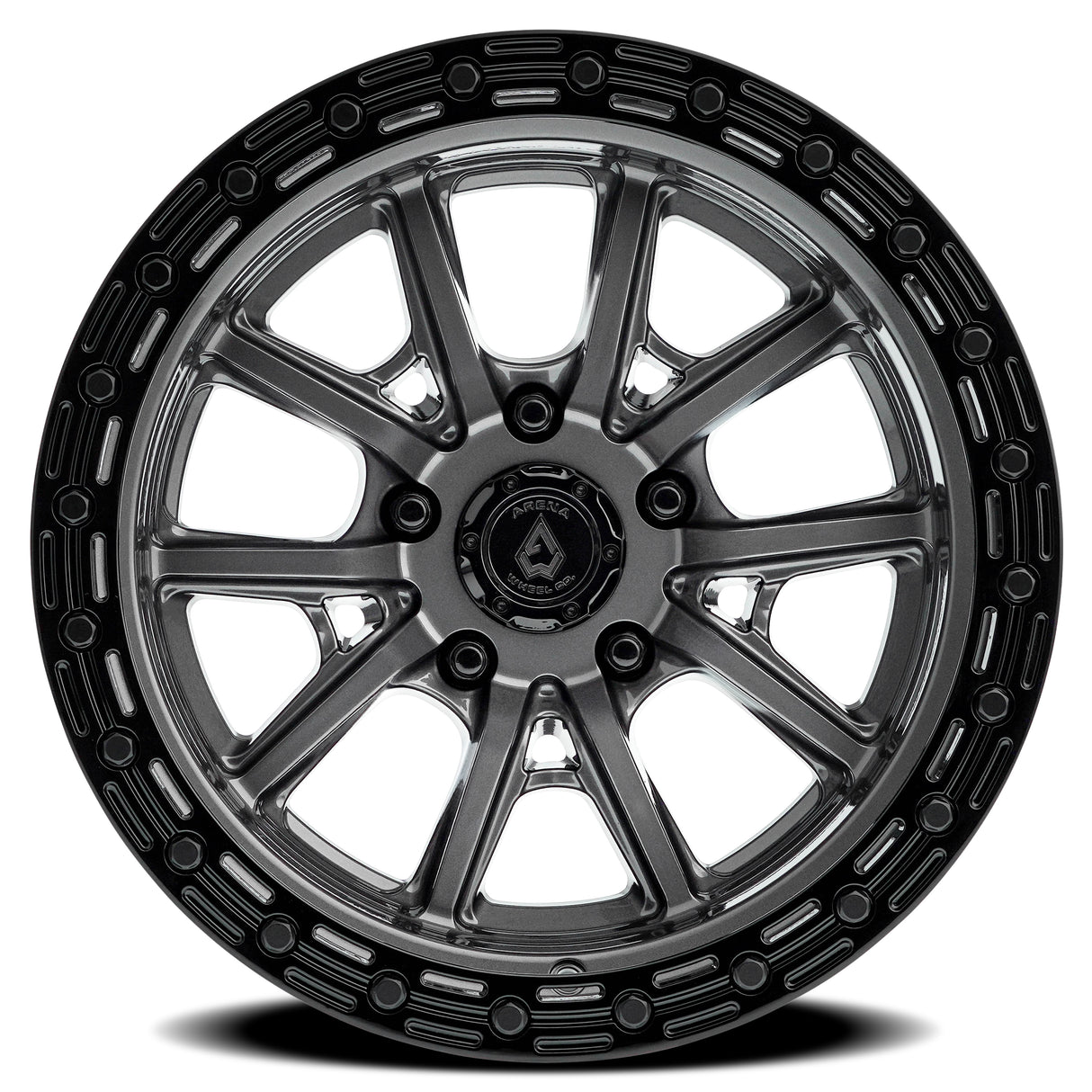 Black alloy wheel with a visible brand logo on a white background