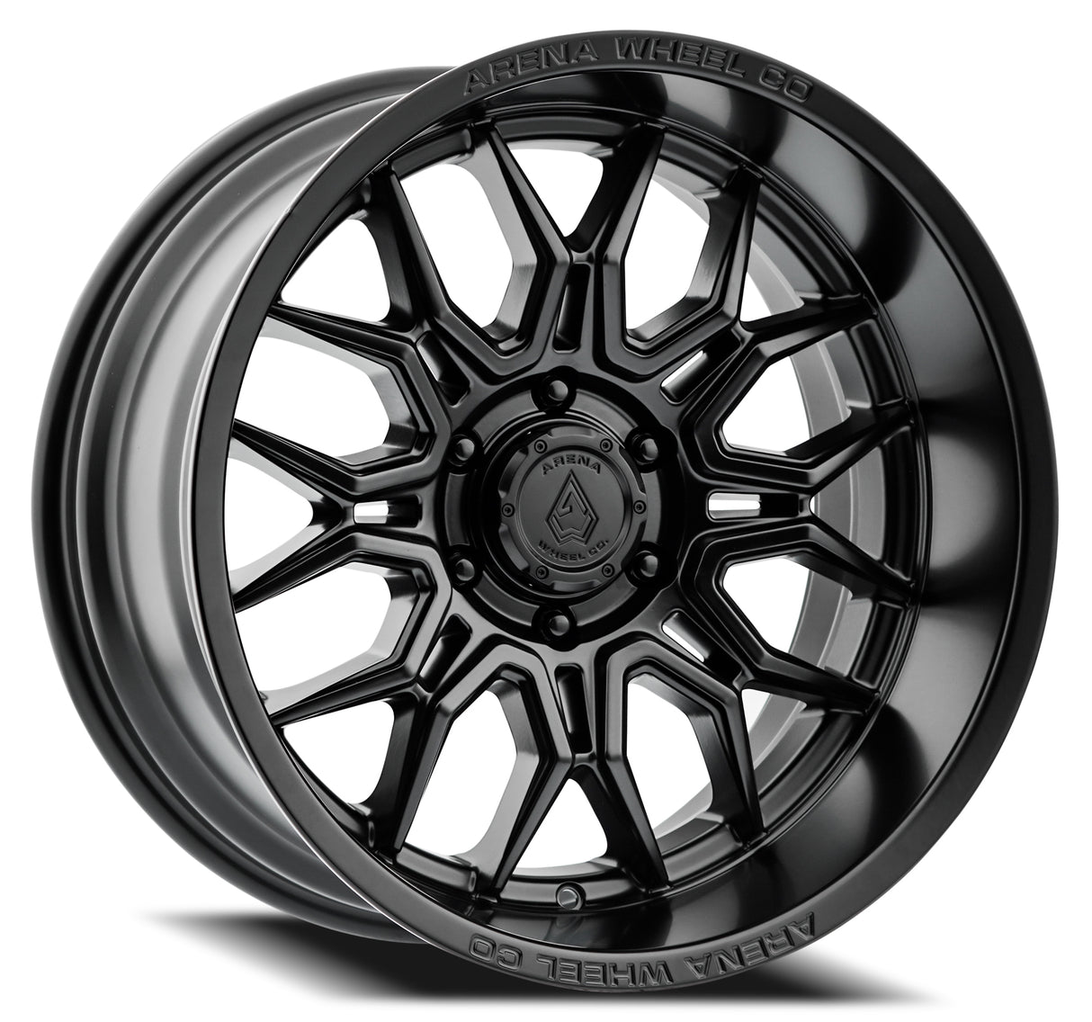 Black alloy wheel with 'Arena Wheels' branding on a white background Jeep Wrangler JL, LU< JTU, JKU,JK and Gladiator.