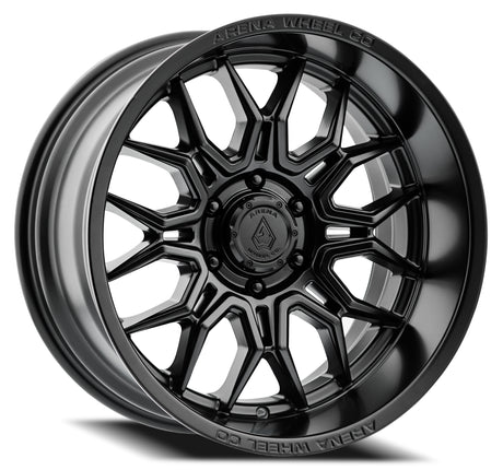 Black alloy wheel with 'Arena Wheels' branding on a white background Jeep Wrangler JL, LU< JTU, JKU,JK and Gladiator.