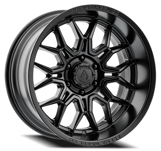 Black alloy wheel with 'Arena Wheels' branding on a white background Jeep Wrangler JL, LU< JTU, JKU,JK and Gladiator.