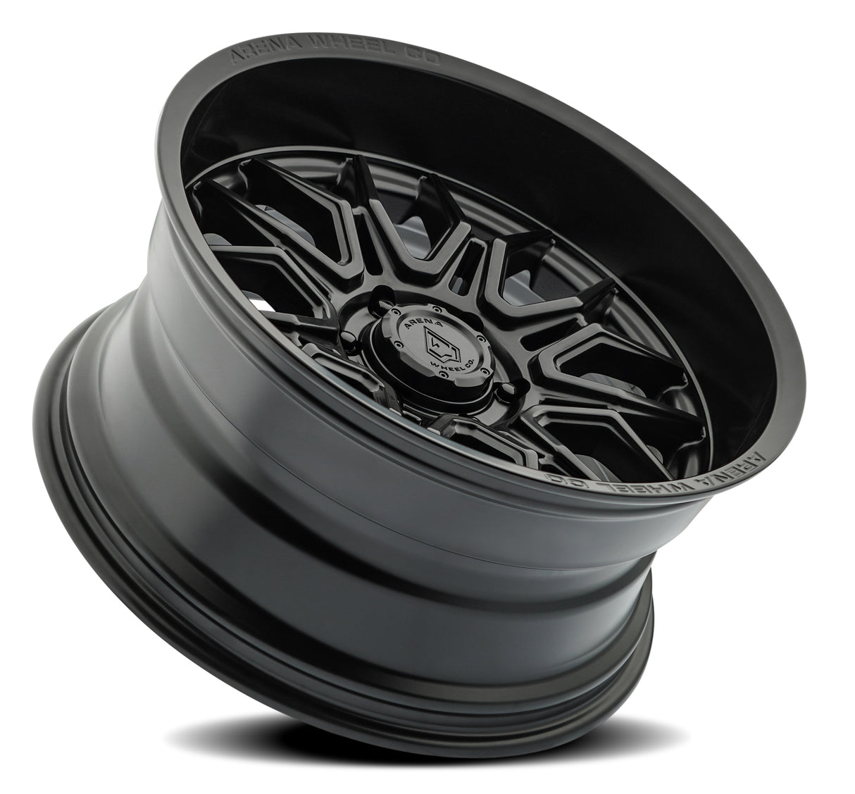 Black alloy wheel with 'Arena Wheels' branding on a white background Jeep Wrangler JL, LU< JTU, JKU,JK and Gladiator.