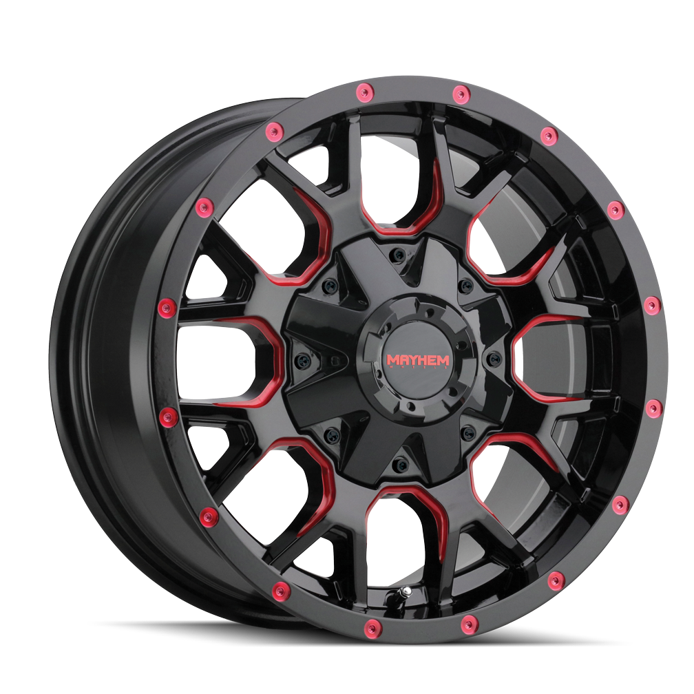 MAYHEM WARRIOR 8015 GLOSS BLACK MILLED PRISM RED 17X9 5-127/5-139.7 -12MM 87MM