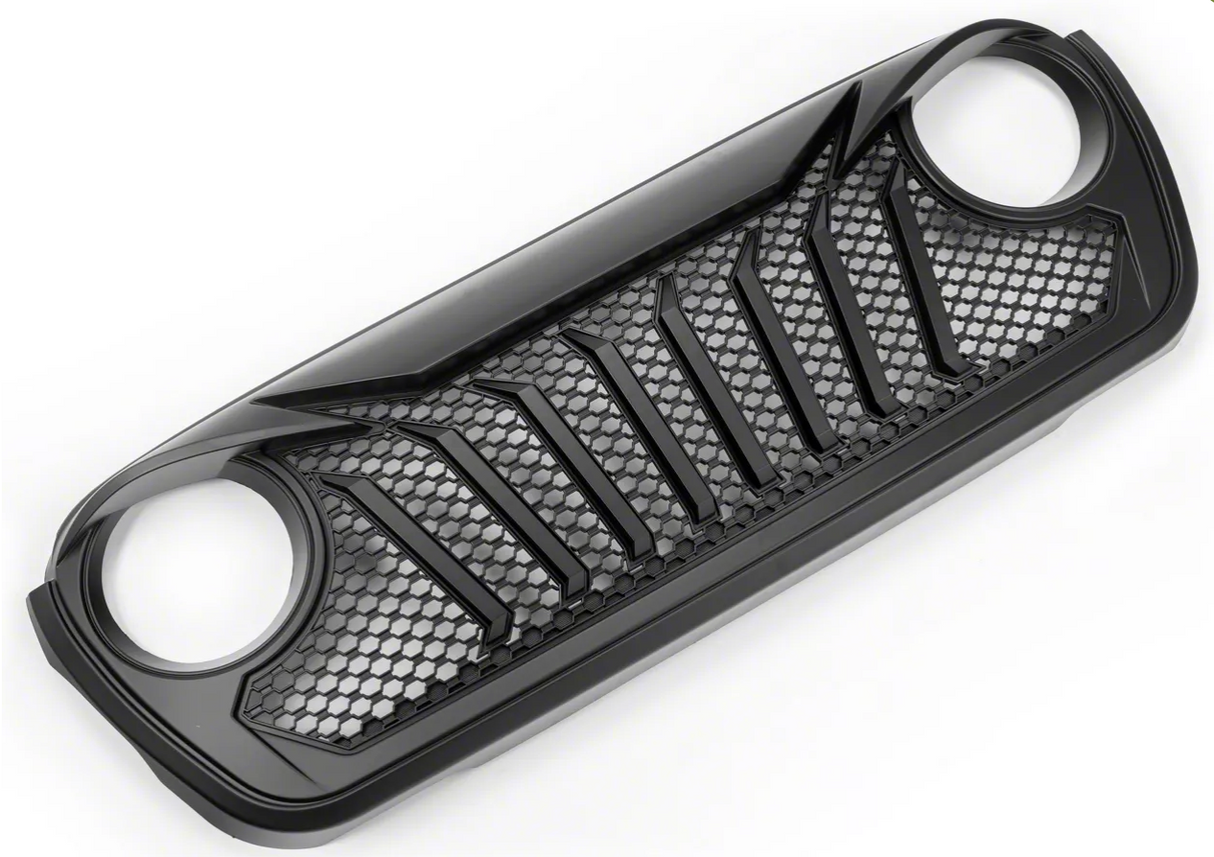 Black Jeep JL Wrangler and Gladiator grille with honeycomb pattern on a white background. Stealth Style Grille. Agressive.